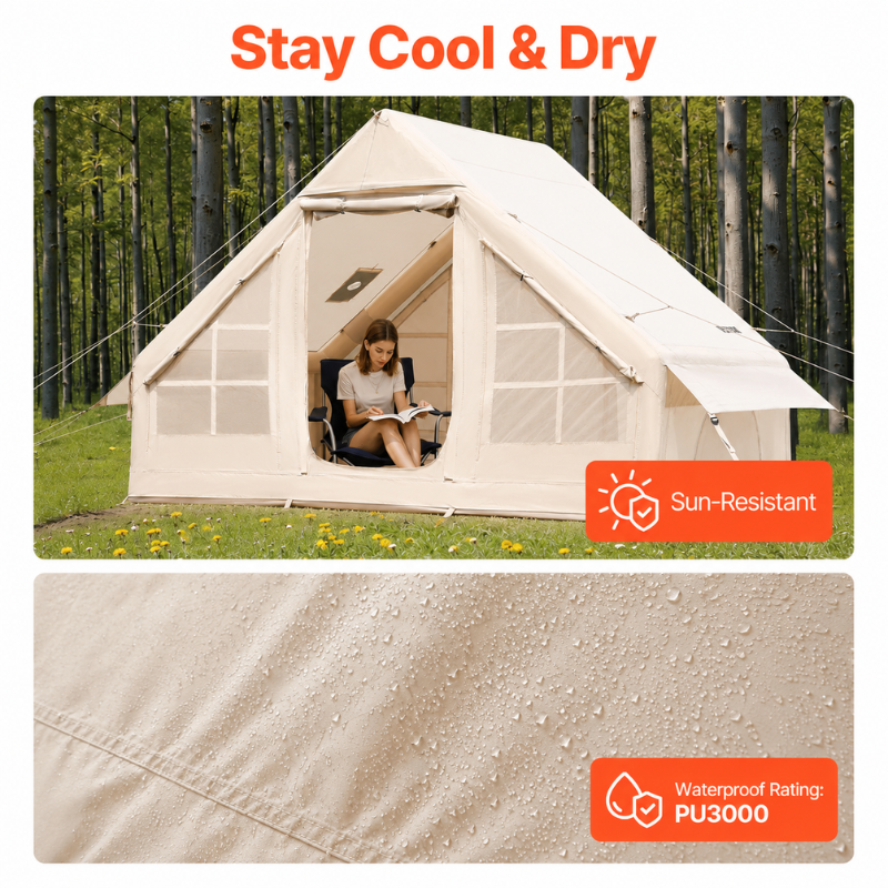 Inflatable Camping Tent with Hand Pump 3-4 Person Portable Oxford Outdoor Air Tent with Storage Bag