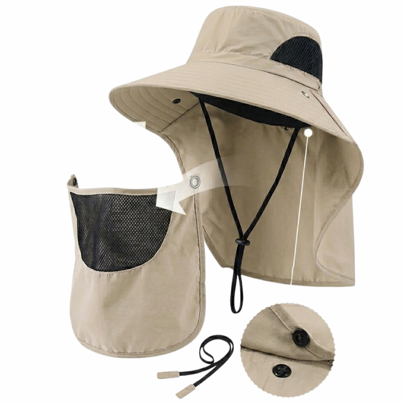 Khaki Outdoor Sun Hat with Neck Flap Wide Brim Fishing Hiking Bucket Hat