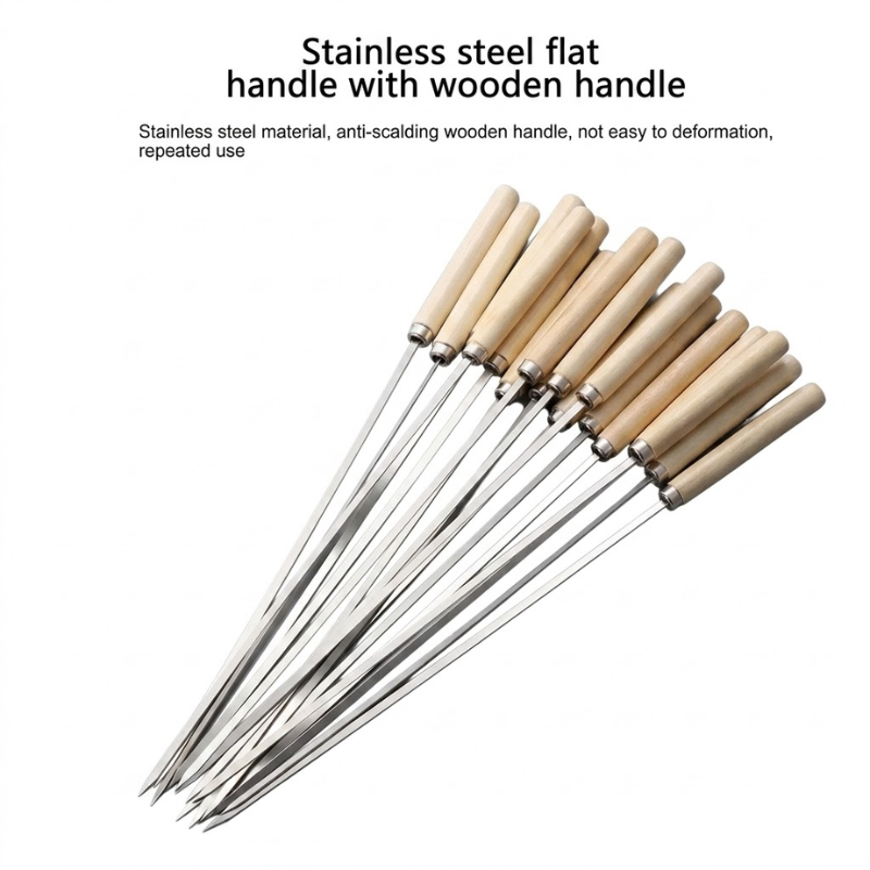 10 Pack Stainless Steel BBQ Skewers with Wooden Handles Reusable Grill Sticks