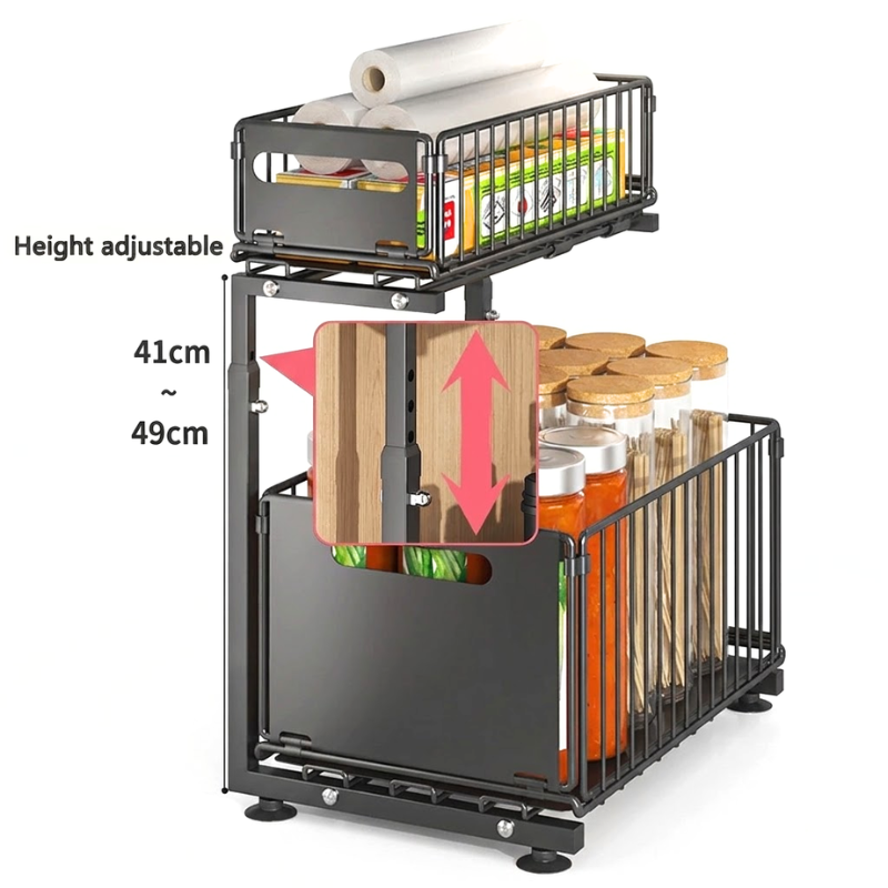 2 Tier Black Pull Out Cabinet Organizer Adjustable Under Sink Storage Rack