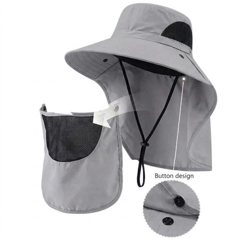 Light Gray Outdoor Sun Hat with Neck Flap Wide Brim Fishing Hiking Bucket Hat