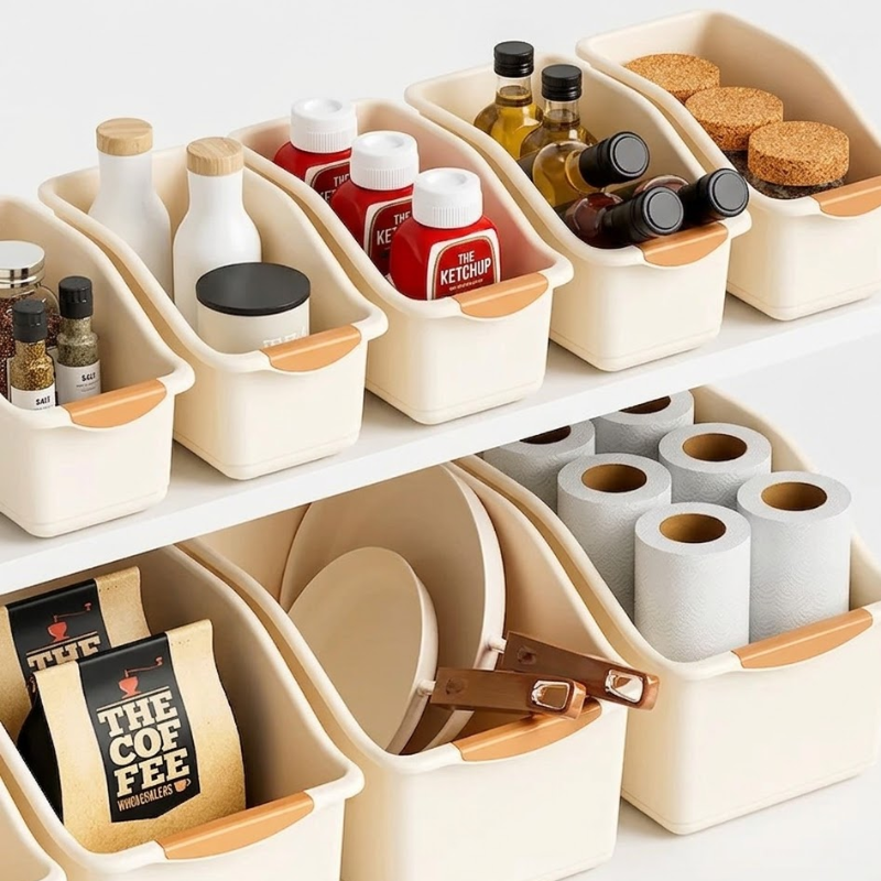 3 Piece Small Under Sink Organizer with Wheels Pull-Out Storage Bins Beige Kitchen Cabinet Organizer