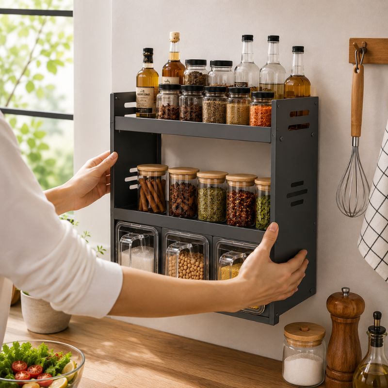Multi Layer Kitchen Spice Rack Organizer with Storage Containers and Countertop Shelf 25.9cm