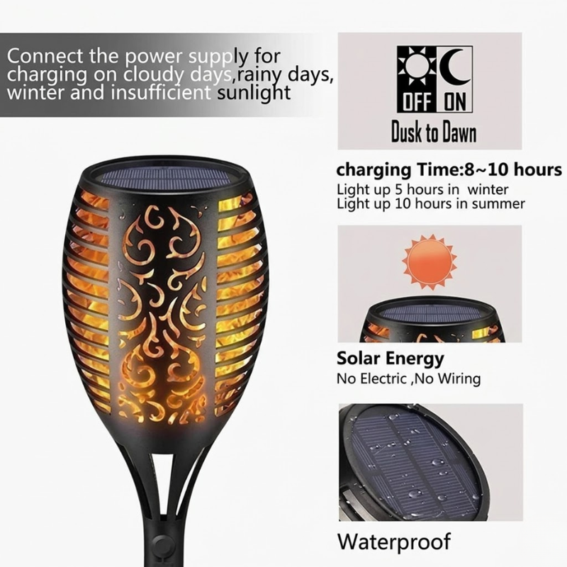 2 Piece Solar Flame Torch Light 12 LED Flickering Waterproof Outdoor Garden Lamps