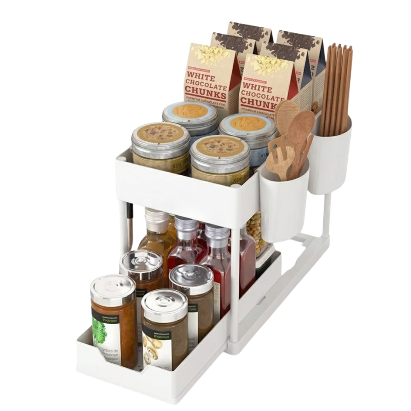 Double Layer White Pull Out Storage Rack Under Sink Organizer with Hooks