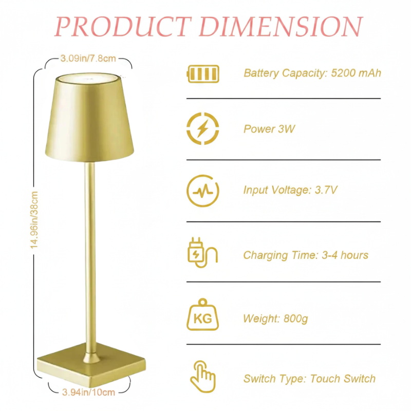 LED Touch Gold Table Lamp 3 Color Dimmable USB Powered Desk Bedside Light