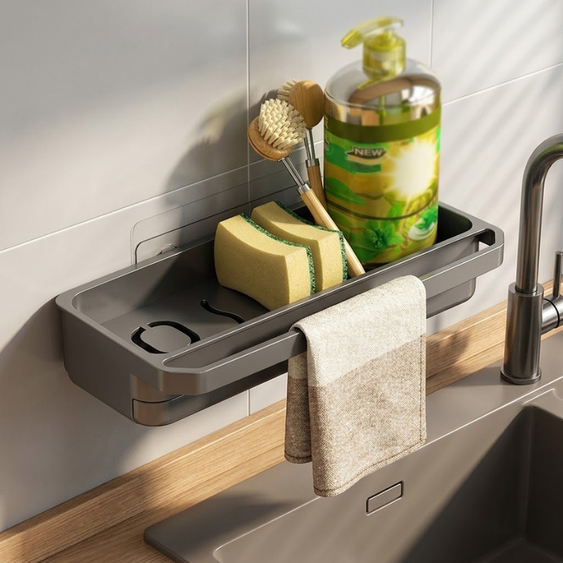 Kitchen Sink Organizer Drain Rack Self Draining Sponge Soap Holder Black