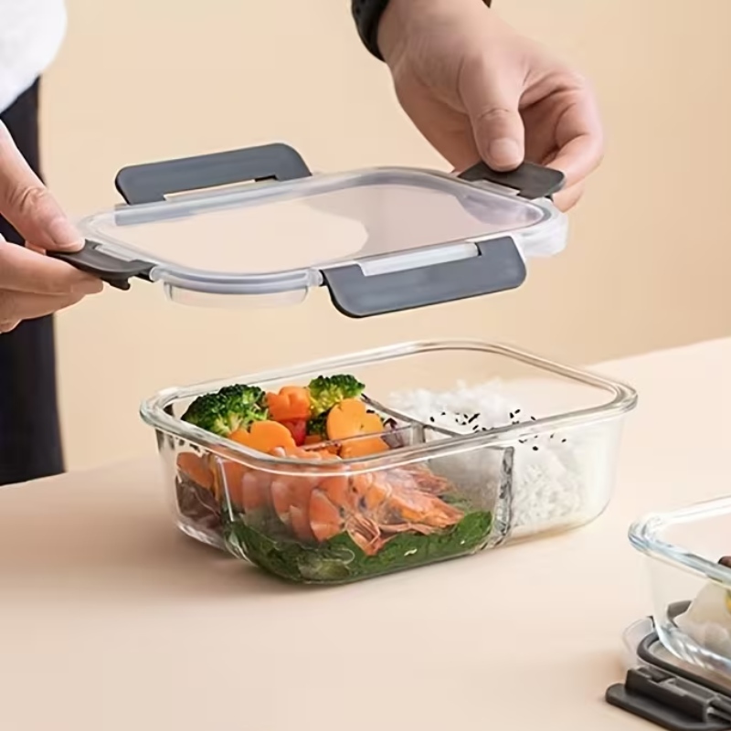 1040ml Rectangular Glass Lunch Box with Compartments Locking Lid Microwave Freezer Dishwasher Friendly