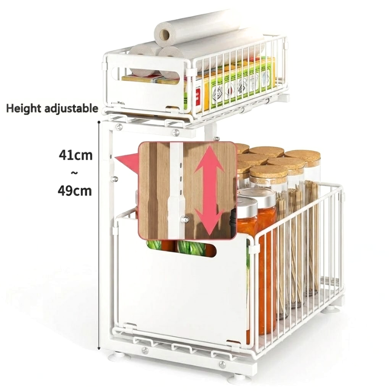 2 Tier White Pull Out Cabinet Organizer Adjustable Under Sink Storage Rack