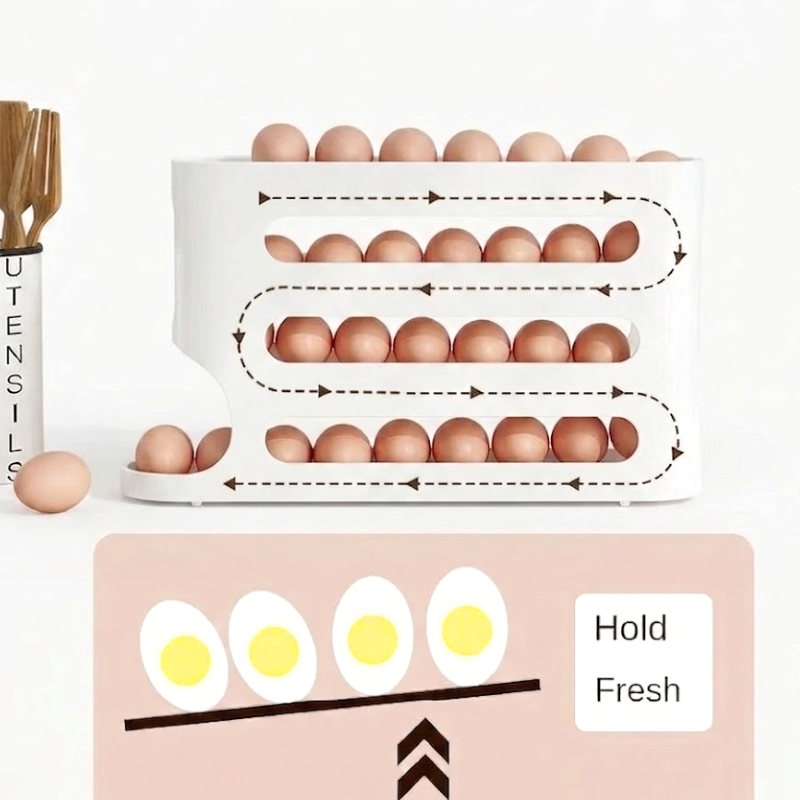 4 Layer White Egg Storage Box Automatic Rolling Refrigerator Organizer Rack