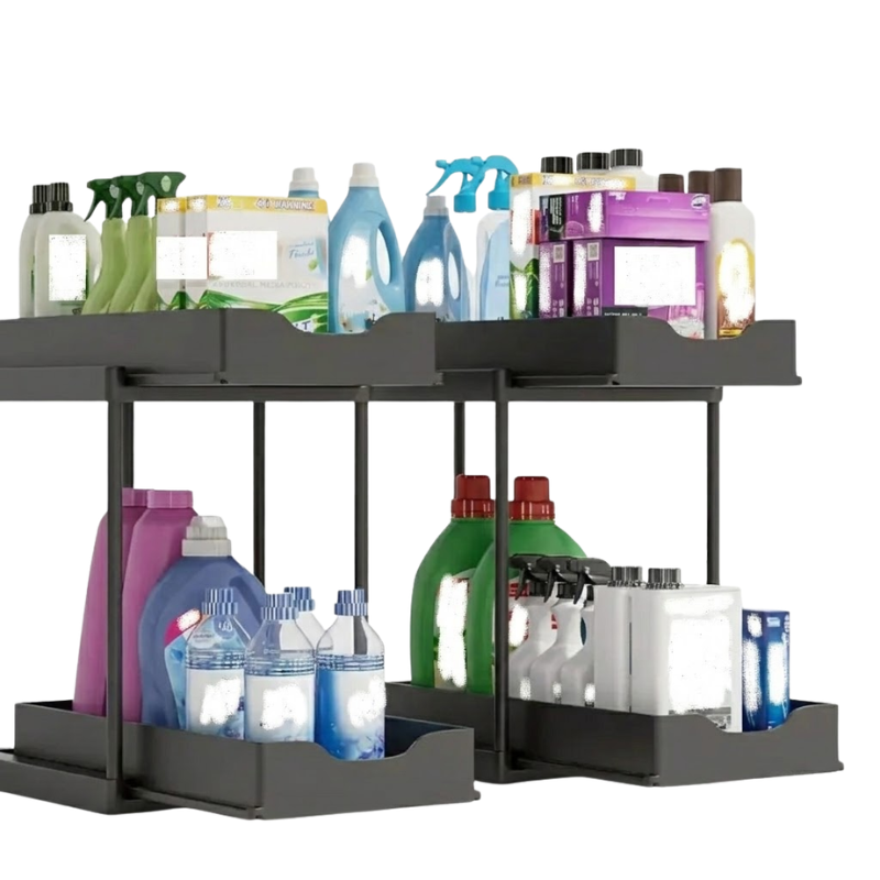 Double Layer Black Pull Out Storage Rack Under Sink Organizer with Hooks