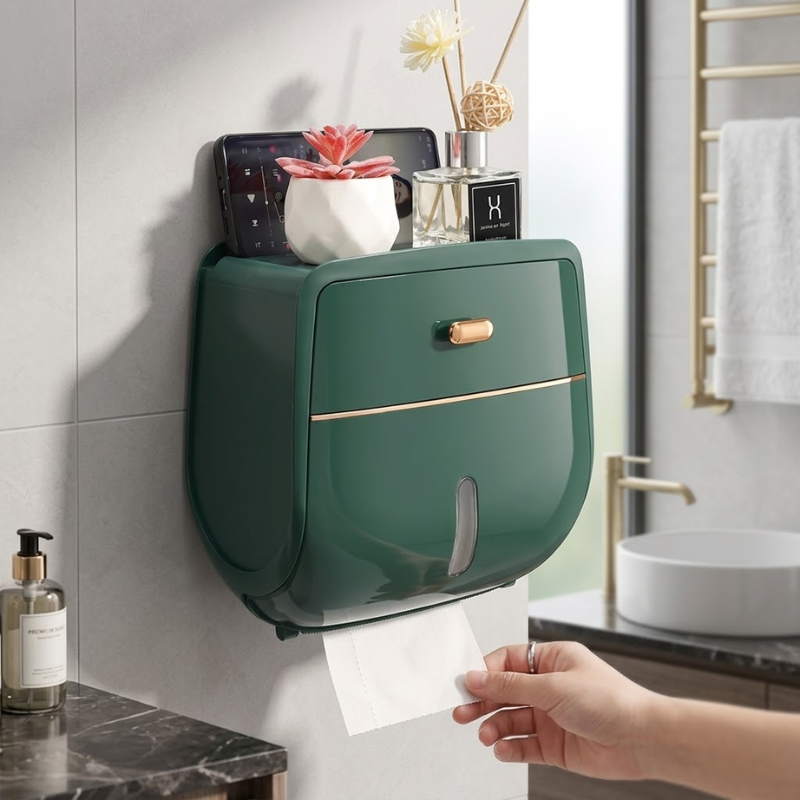 Double Layer Green Toilet Paper Holder Wall Mounted Waterproof Tissue Storage Box