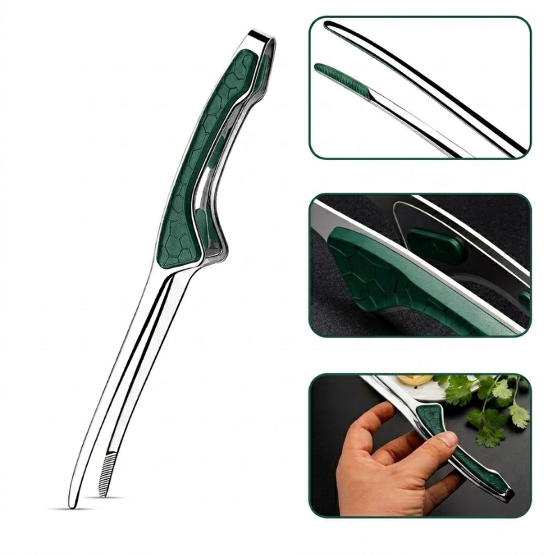 Green Silver Stainless Steel BBQ Tongs Non-Slip Cooking Food Clip