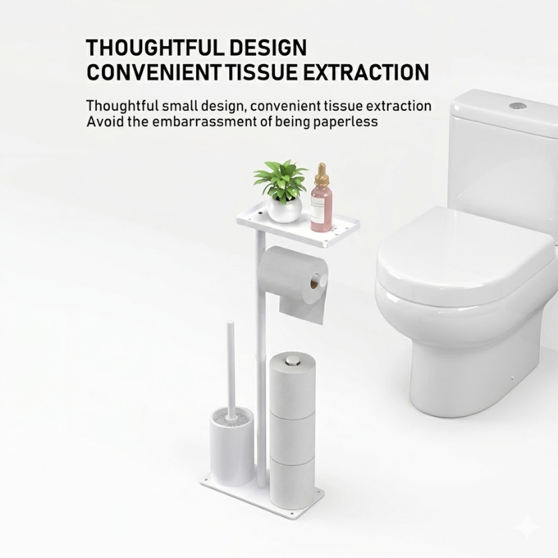 Floor Standing Toilet Paper Holder Stand with Brush Storage Bathroom Rack White