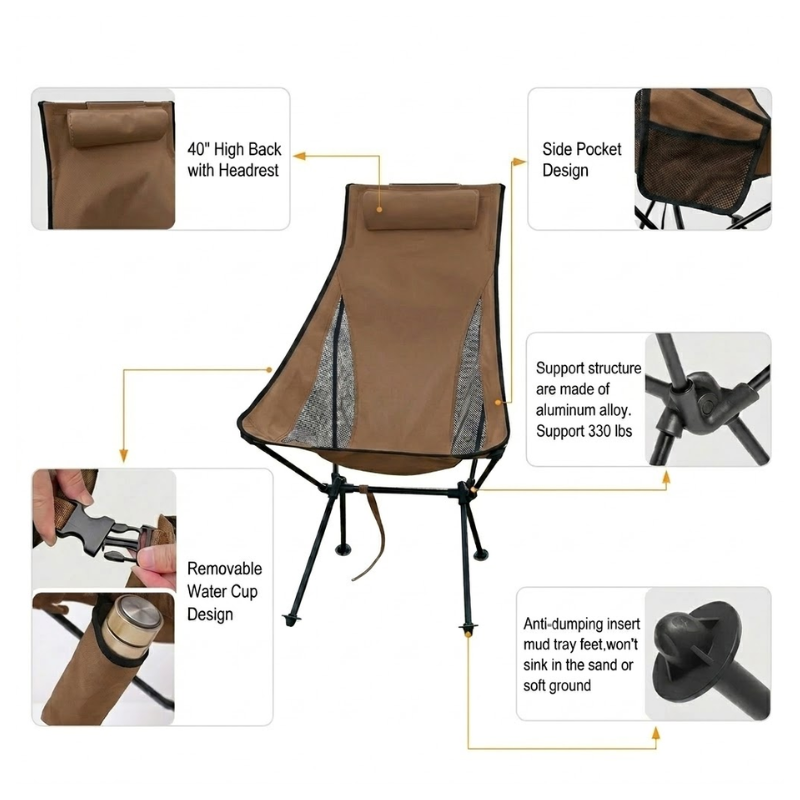 Portable Folding Camping Chair Brown with Headrest Lightweight Aluminium Outdoor Chair