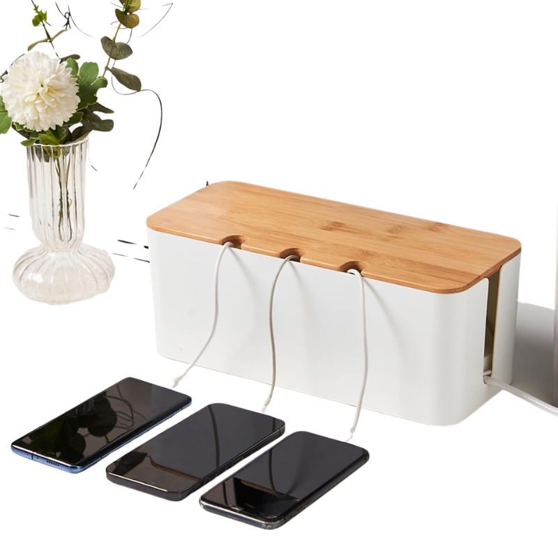 Small Cable Management Box White with Wooden Style Cover Cord Organizer