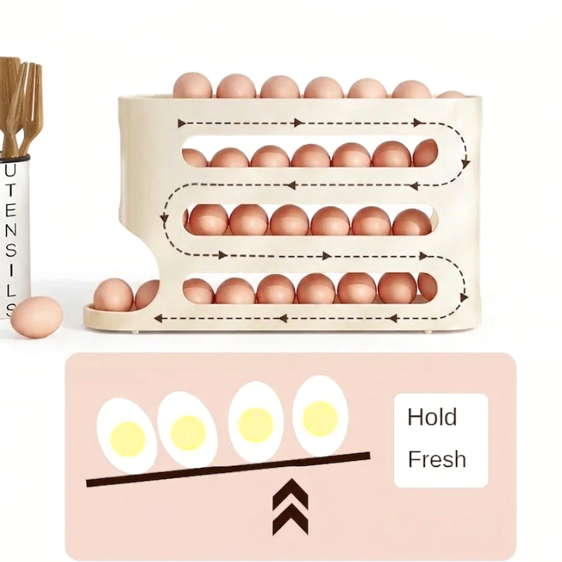 4 Layer Yellow Egg Storage Box Automatic Rolling Refrigerator Organizer Rack
