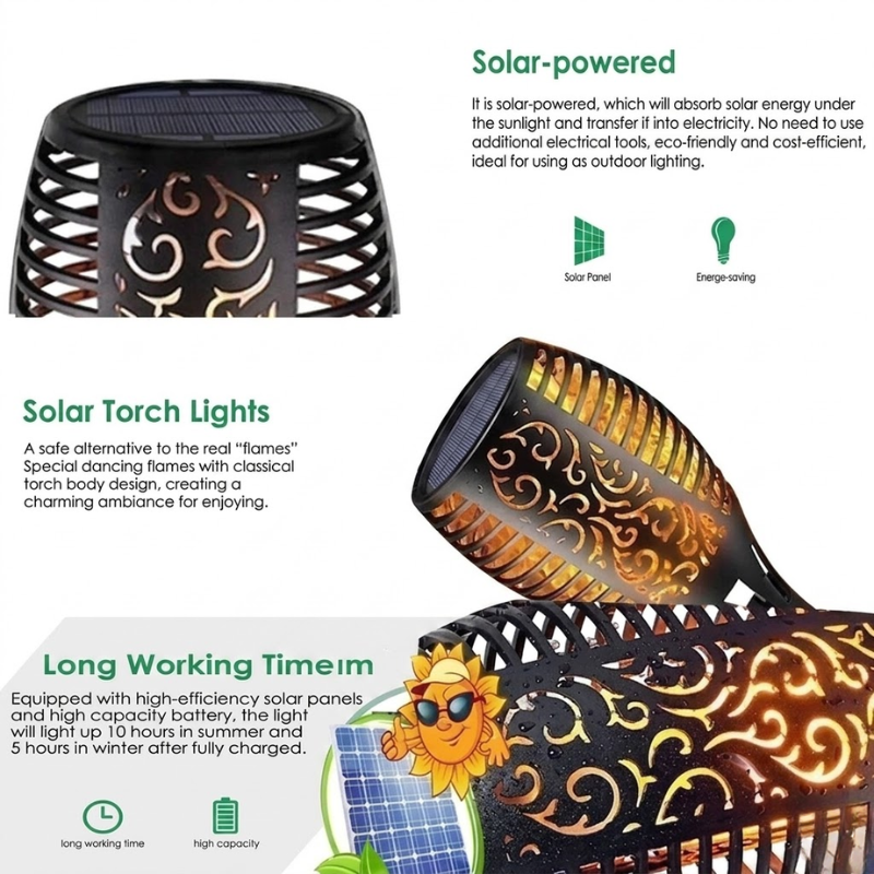 2 Piece Solar Flame Torch Light 12 LED Flickering Waterproof Outdoor Garden Lamps
