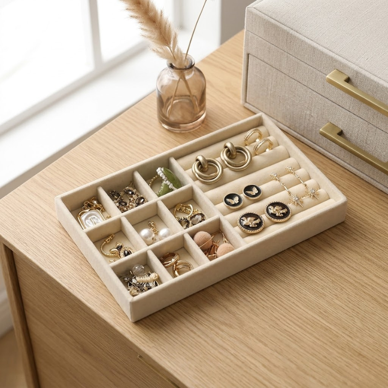 9+1 Wooden Jewelry Storage Tray Drawer Style Organizer Partitioned Ring Earring Holder
