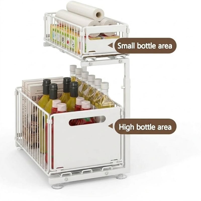 2 Tier White Pull Out Cabinet Organizer Adjustable Under Sink Storage Rack