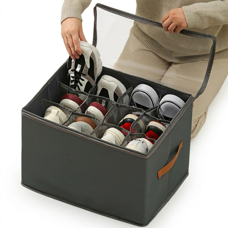 12 Grid Gray Foldable Clothing Organizer Box Wardrobe Storage Bin with Lid