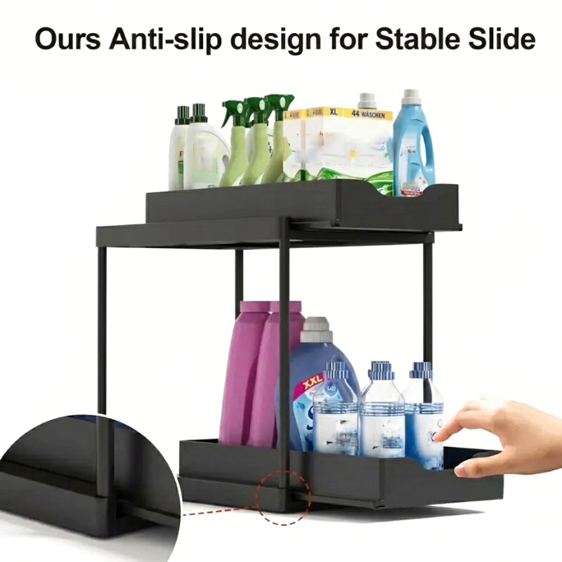 Double Layer Black Pull Out Storage Rack Under Sink Organizer with Hooks