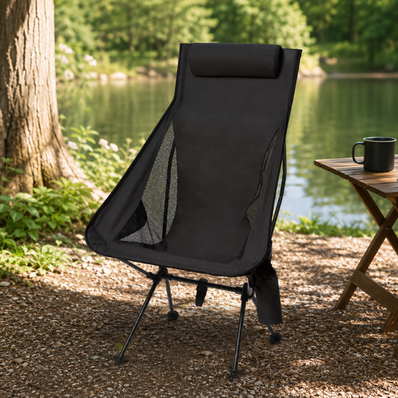 Portable Folding Camping Chair Black with Headrest Lightweight Aluminium Outdoor Chair
