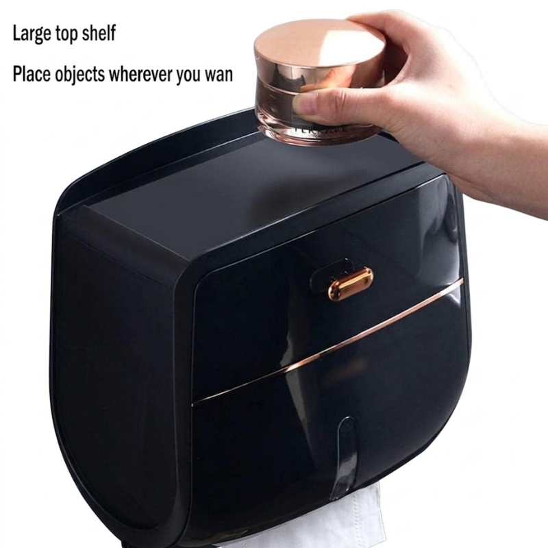 Double Layer Black Toilet Paper Holder Wall Mounted Waterproof Tissue Storage Box