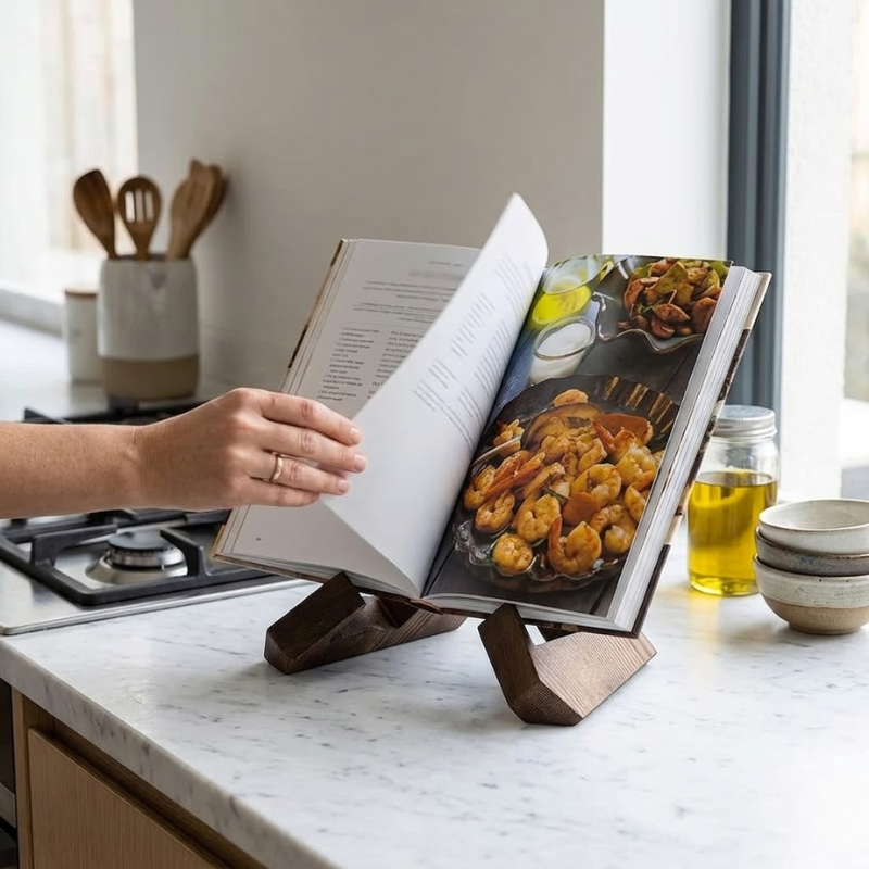 Dark Brown Wooden Cookbook Stand Foldable Book Tablet and Record Display Holder