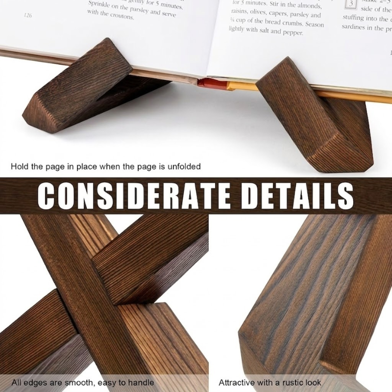 Dark Brown Wooden Cookbook Stand Foldable Book Tablet and Record Display Holder