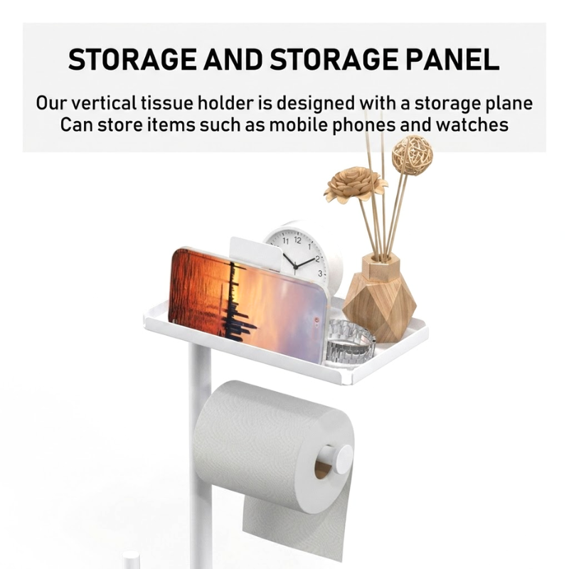Floor Standing Toilet Paper Holder Stand with Brush and Phone Shelf Storage Rack White