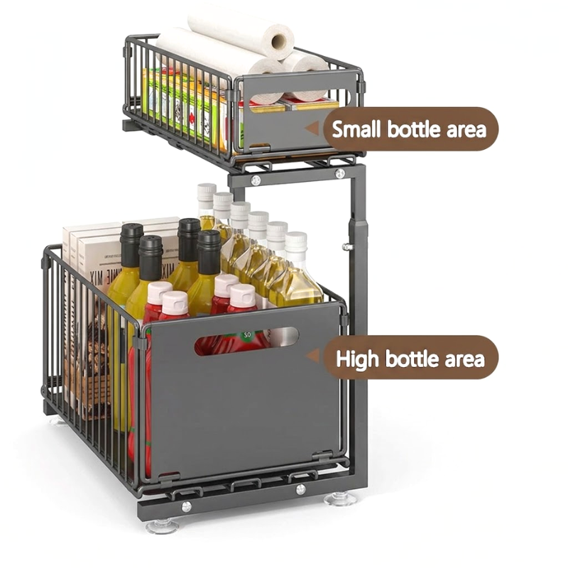 2 Tier Black Pull Out Cabinet Organizer Adjustable Under Sink Storage Rack