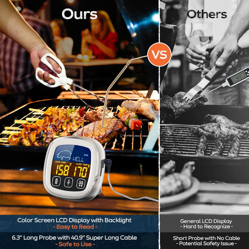 Digital BBQ Meat Thermometer with Stainless Steel Probe and LCD Display for Grill and Oven