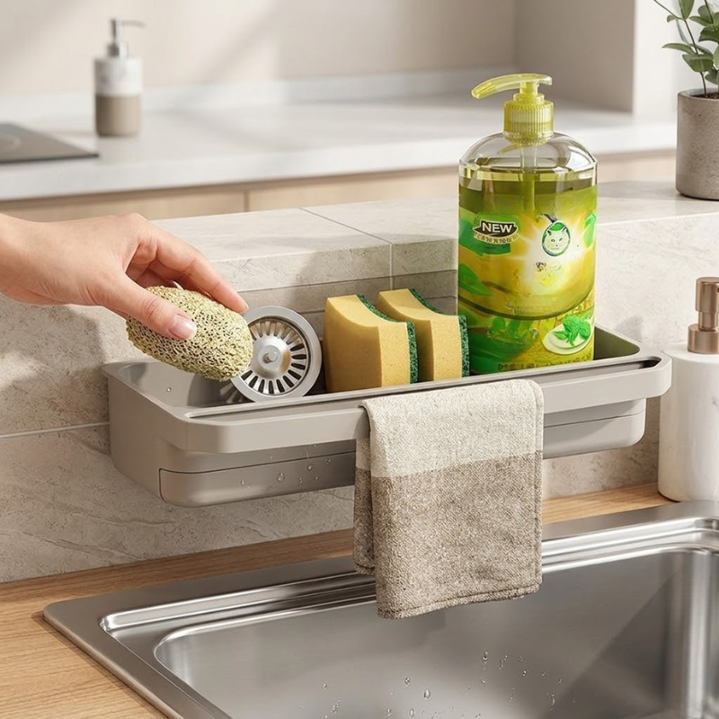 Kitchen Sink Organizer Drain Rack Self Draining Sponge Soap Holder White