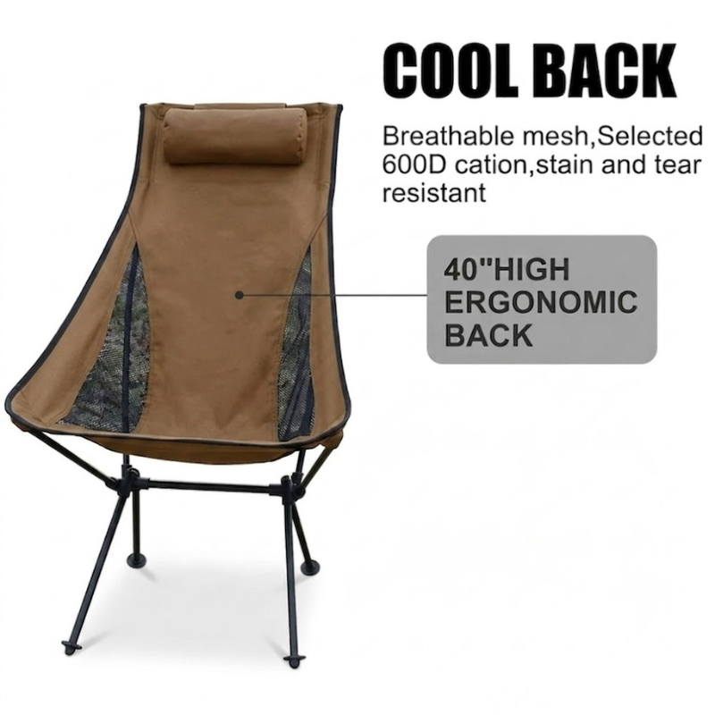 Portable Folding Camping Chair Brown with Headrest Lightweight Aluminium Outdoor Chair