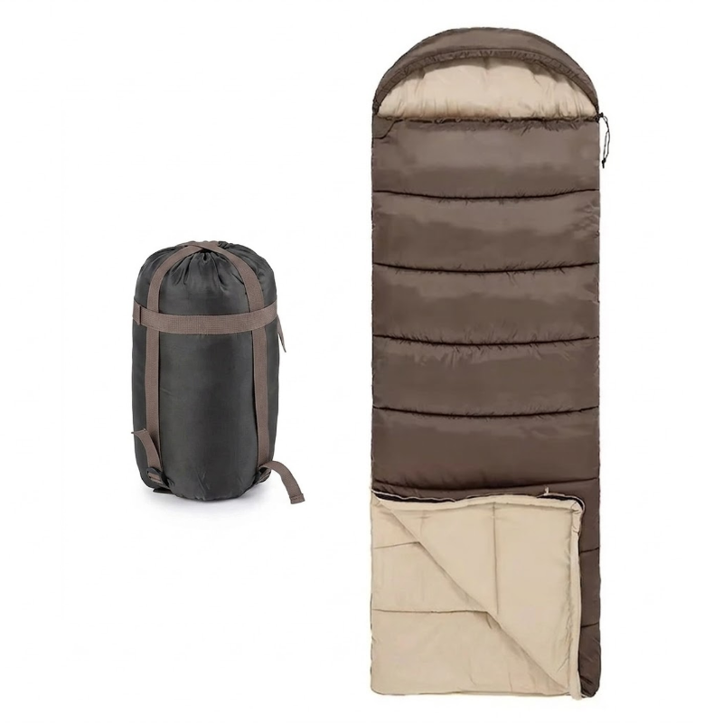250g Cotton Filled Envelope Brown Right Zip Winter Sleeping Bag for Camping Hiking Trekking and Outdoor Travel