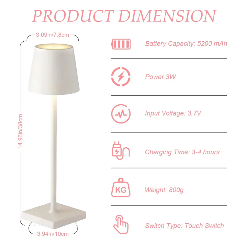 LED Touch White Table Lamp 3 Color Dimmable USB Powered Desk Bedside Light