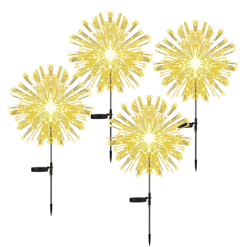 4 Piece Solar Firework Lights 150 LED Warm White Waterproof Garden Stake Light for Outdoor Decoration
