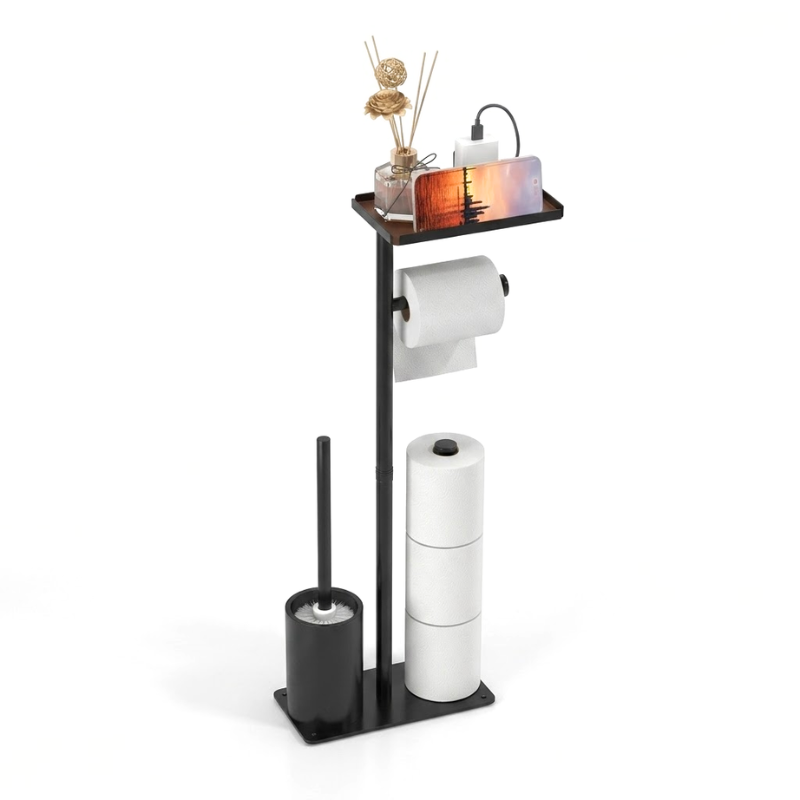 Floor Standing Toilet Paper Holder Stand with Brush and Phone Shelf Storage Rack Black