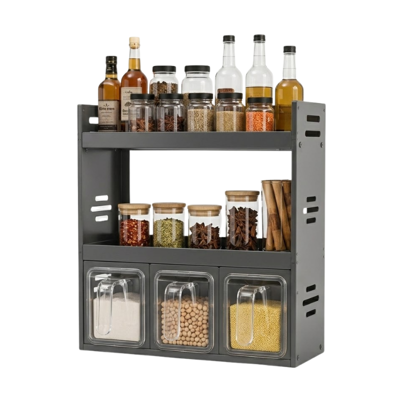 Multi Layer Kitchen Spice Rack Organizer with Storage Containers and Countertop Shelf 25.9cm