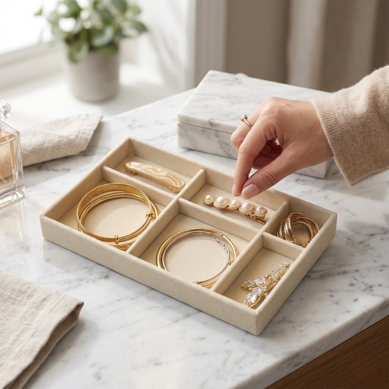 6 Grid Wooden Jewelry Storage Tray Drawer Style Organizer Partitioned Ring Earring Holder