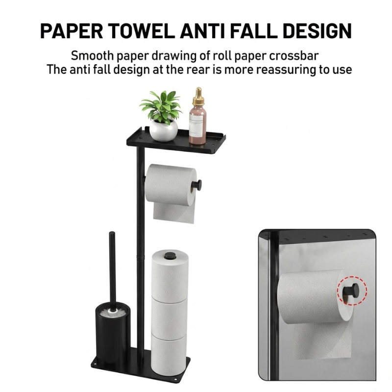 Floor Standing Toilet Paper Holder Stand with Brush Storage Bathroom Rack Black