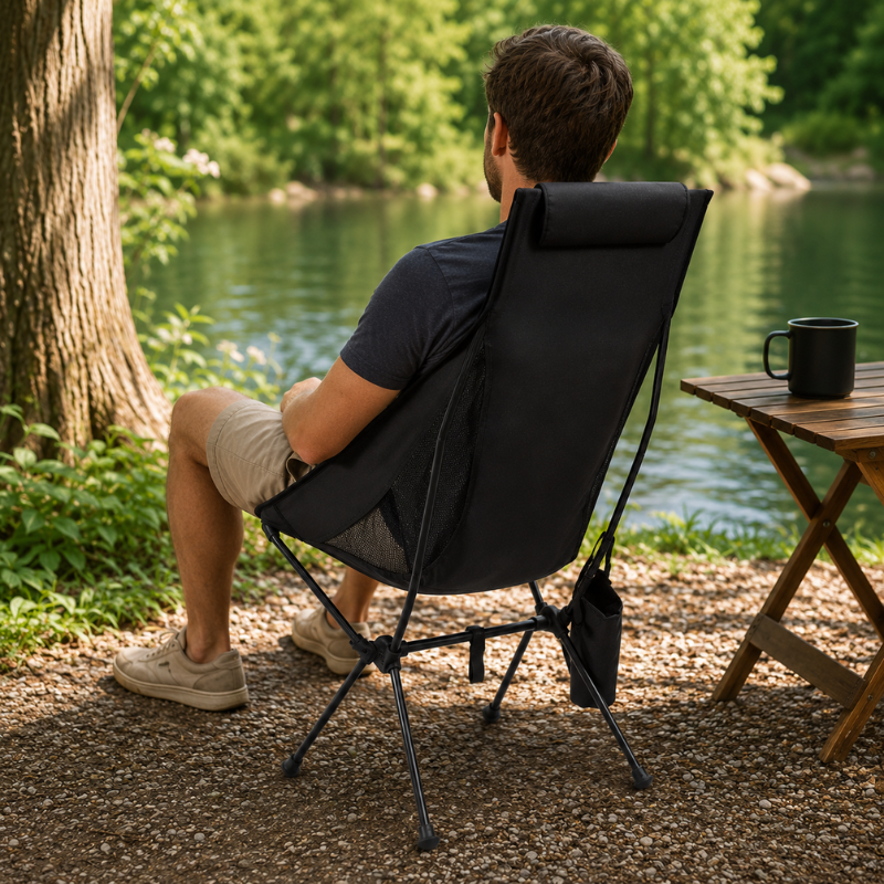 Portable Folding Camping Chair Black with Headrest Lightweight Aluminium Outdoor Chair