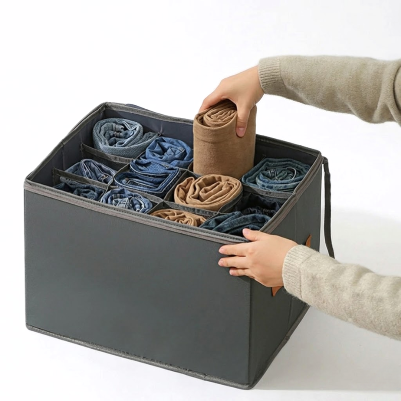 12 Grid Gray Foldable Clothing Organizer Box Wardrobe Storage Bin with Lid