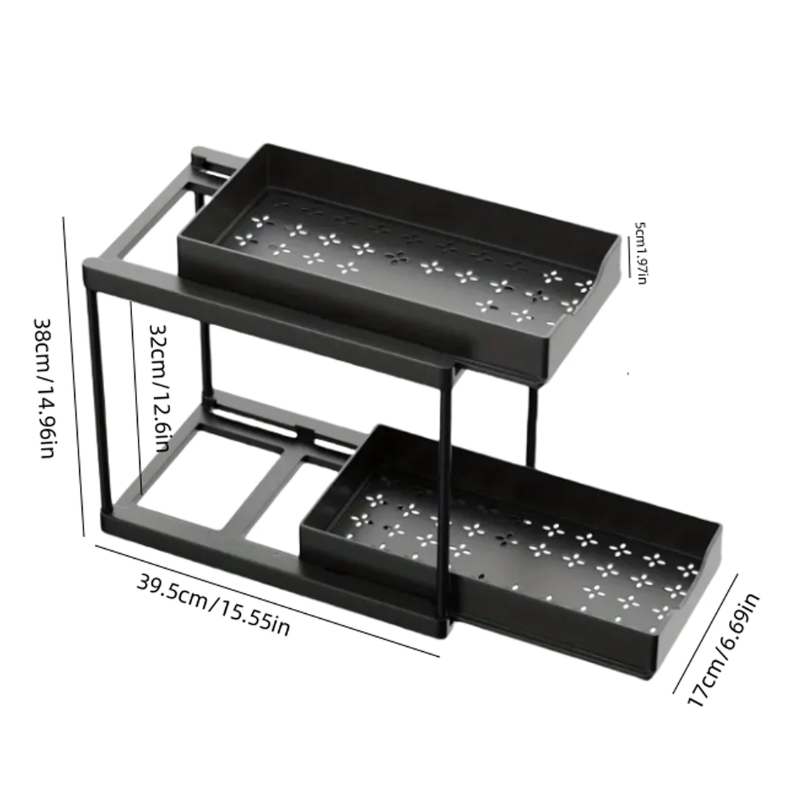 Double Layer Black Pull Out Storage Rack Under Sink Organizer with Hooks