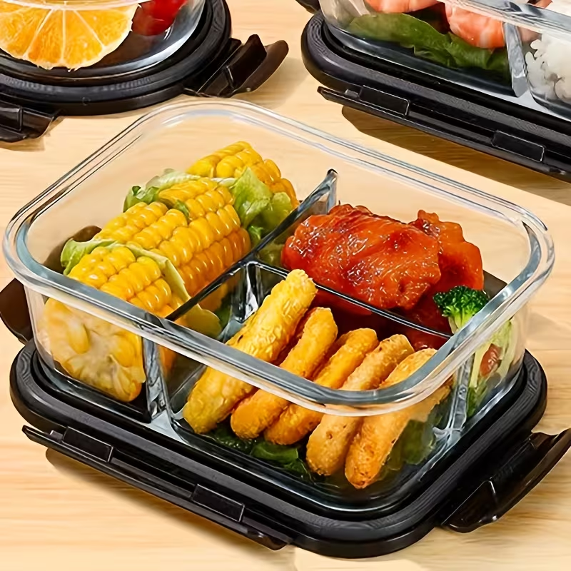 1040ml Rectangular Glass Lunch Box with Compartments Locking Lid Microwave Freezer Dishwasher Friendly