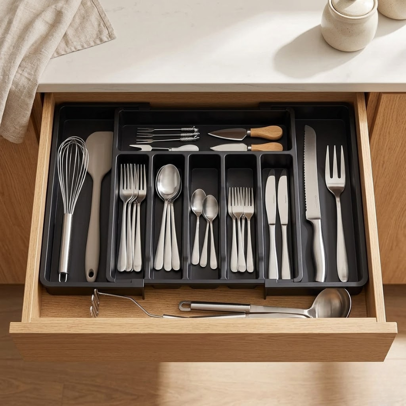 Adjustable Flatware Organizer Expandable Plastic Cutlery and Utensil Drawer Tray