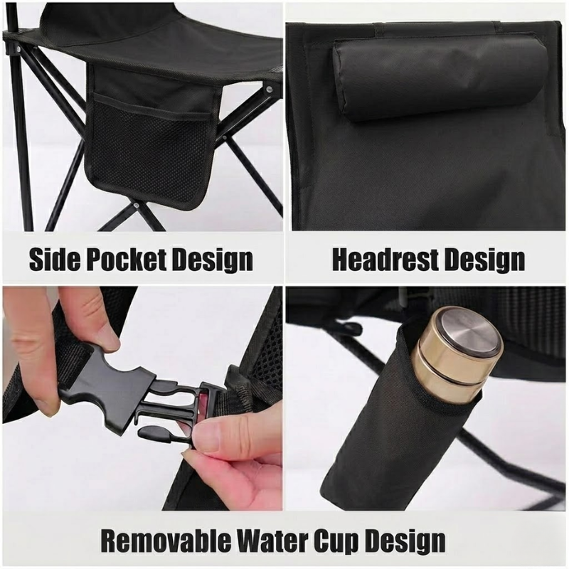 Portable Folding Camping Chair Black with Headrest Lightweight Aluminium Outdoor Chair