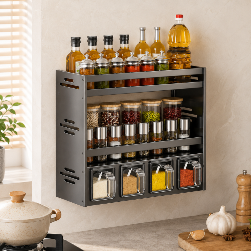 Multi Layer Kitchen Spice Rack Organizer with Storage Containers and Countertop Shelf 32cm