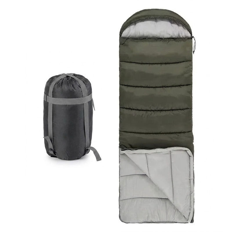 250g Cotton Filled Envelope Green Left Zip Winter Sleeping Bag for Camping Hiking Trekking and Outdoor Travel
